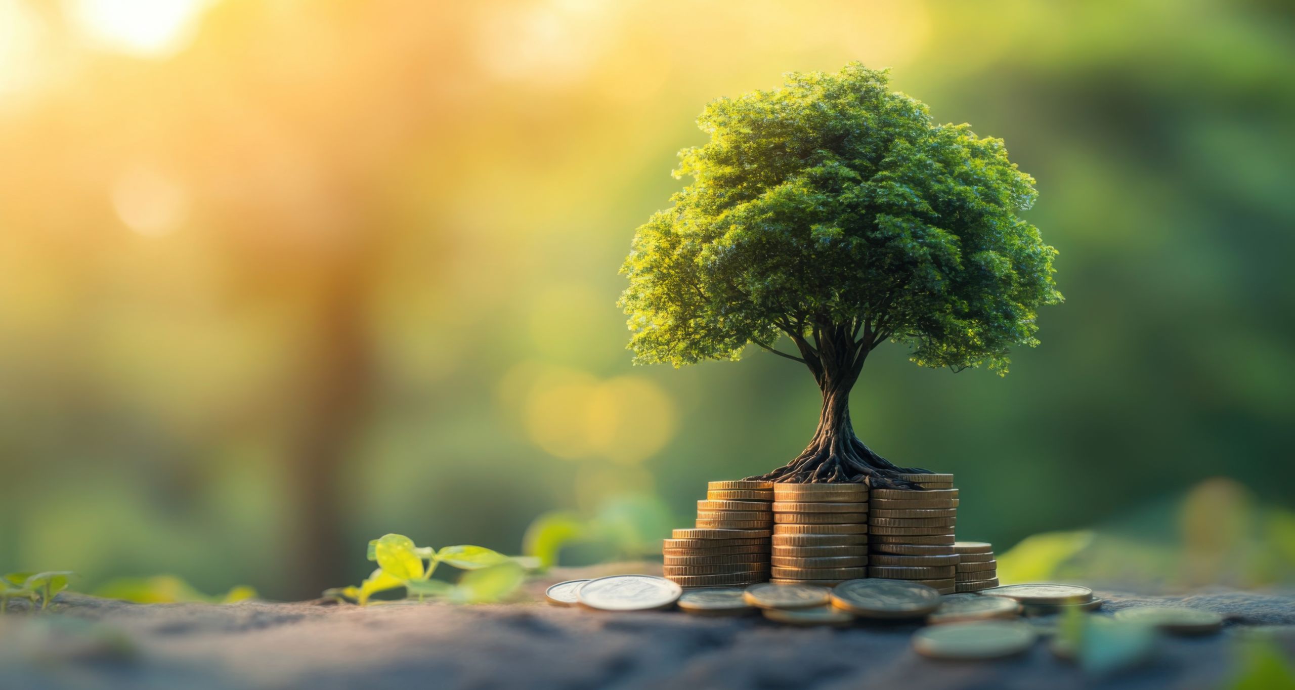 A conceptual image of a tree growing from a stack of coins, symbolizing an endowment fund, blurred background of a nature park, high resolution, No blur on tree and coins --ar 16:9 --v 6.1 Job ID: 5d2d2291-c541-4d1c-a068-ac0ed484a966